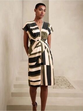 Striped Twist-Front V-Neck Dress in Olive & Cream